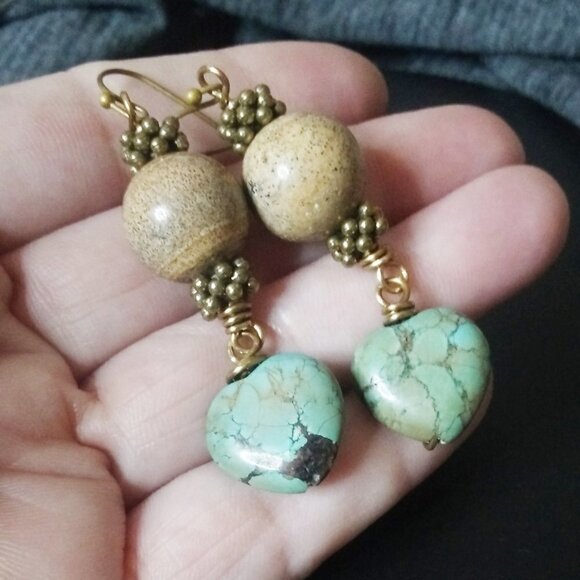Thick + Chunky! Boho African Turquoise Heart Earrings - Unique & One-of-a-Kind - Picture 2 of 10
